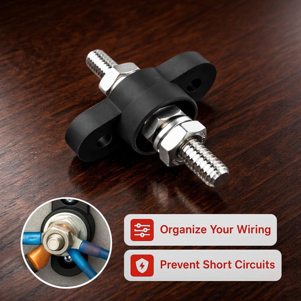 MGI SpeedWare 5/16" Feed-Thru Stud Junction Block Power Post for 12V 24V Automotive and Marine Battery Accessories Connections (Black)