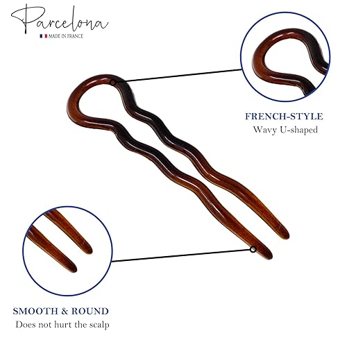 Miniatura 3 de Parcelona French Sleek Brown Tortoise Shell Grande 3 1/2" Celuloide Hecho en Francia Juego de 3 horquillas onduladas en forma de U para mujeres