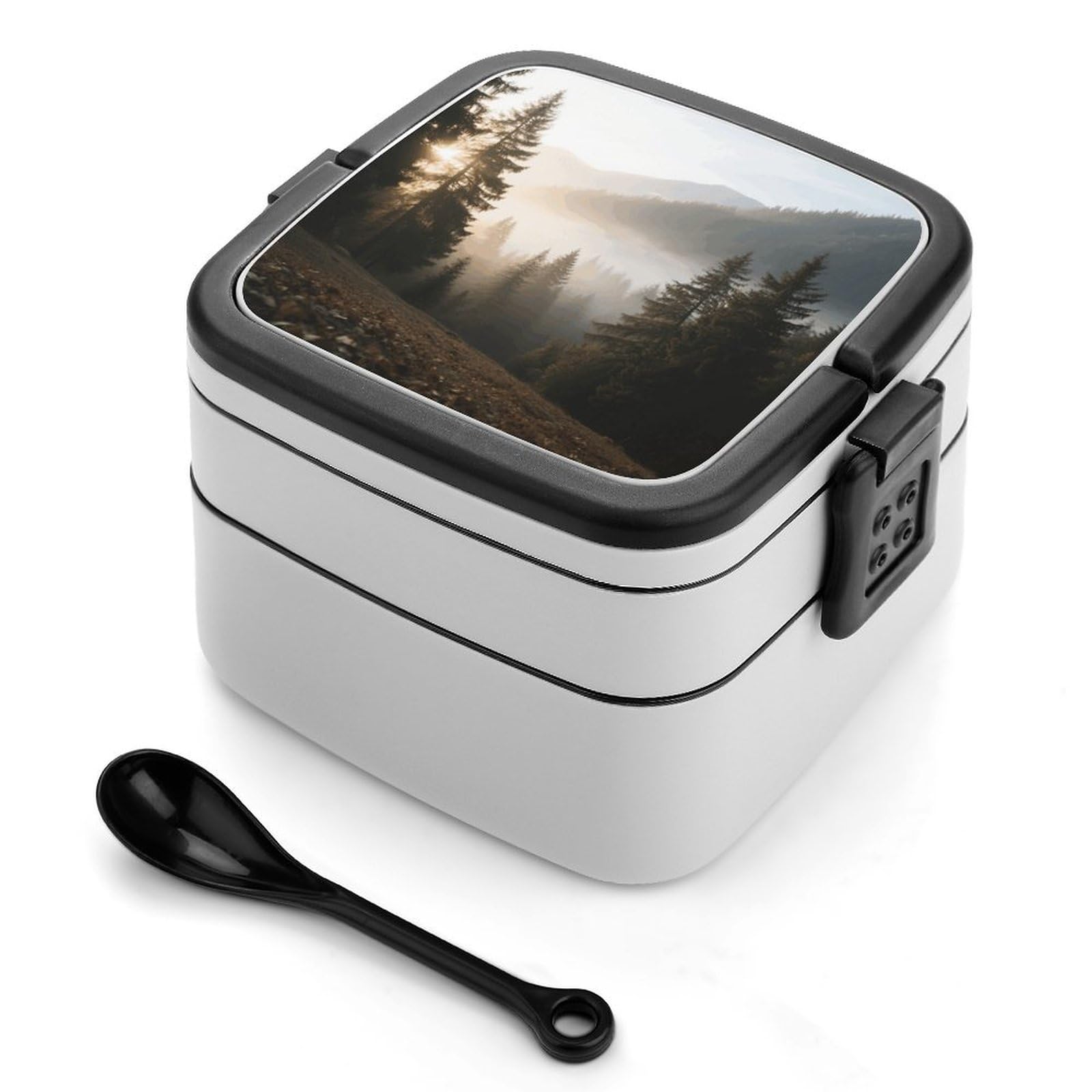 VstaDank Alpine Forest Bento Box with Compartments Portable Lunch Containers with Spoon Leak Proof Bento Lunch Box Snap-On Design Double-Layer Insulated Lunch Boxes for Work Camping