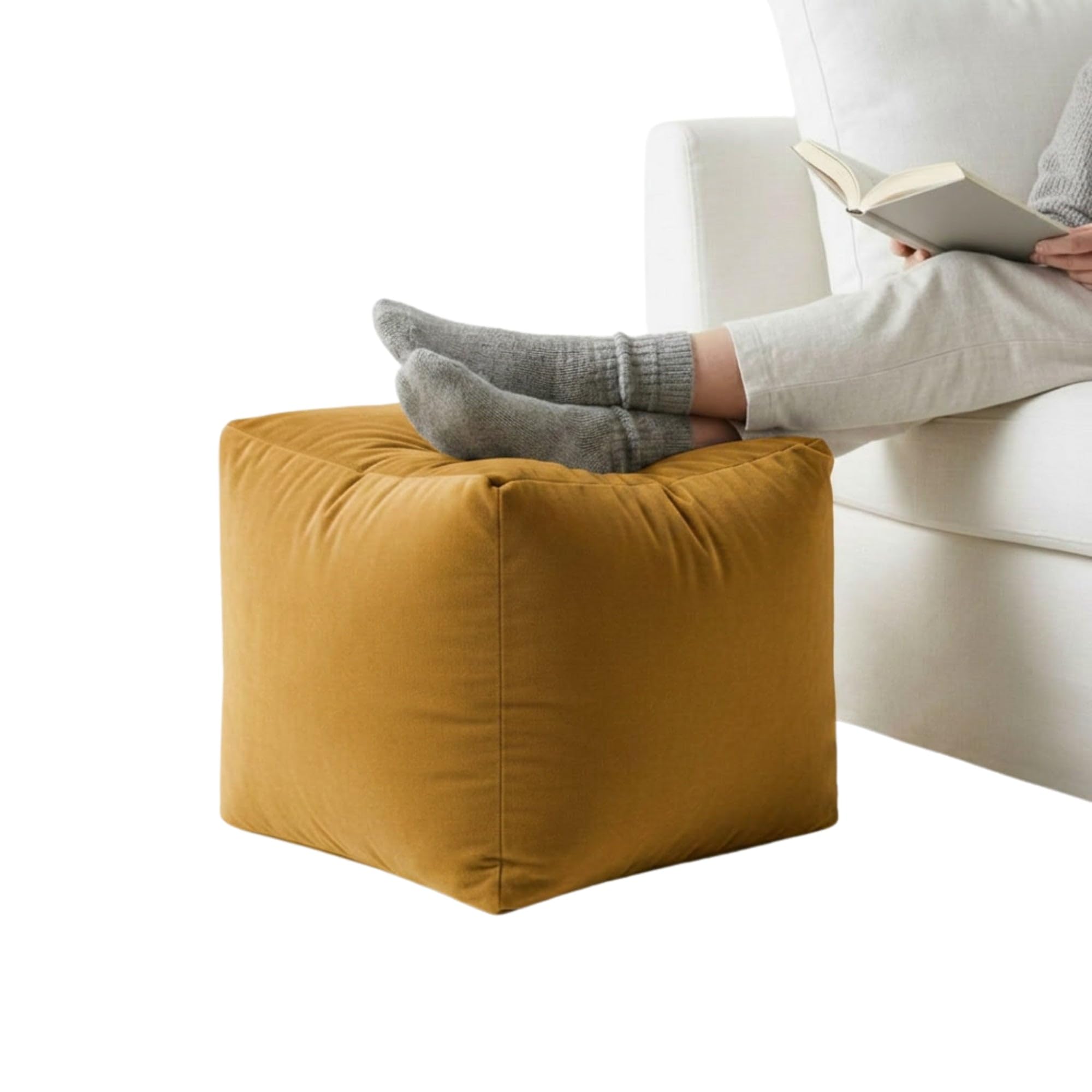Kosiproducts Pouffe Footstool Velvet Bean bag Ottoman Cube Pouf Chair Pouffe for living room Polystyrene Beads Filled [Saffron, 45cmx45cmx45cm] — image 1
