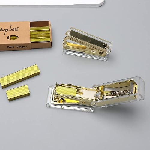 Miniatura 6 de NatSumeBasics Juego de mini grapadora y removedor de grapas de oro amarillo, grapadora manual metálica acrílica con grapas y lindo kit de removedor