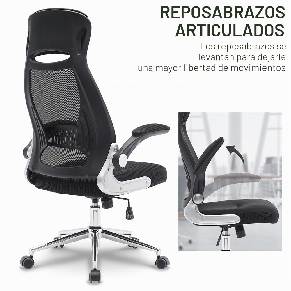 Waytex Silla de Oficina ergonómica de Tela de Red, Respaldo Alto con reposacabezas Integrado, apoyabrazos elevables, Soporte Lumbar, Altura Ajustable, pie de Metal Cromado, Negro