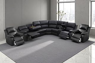 A Ainehome Leather Sectional Couch Recliner Sofa Set with Storage, Black Leather Sofa Sets Manual Reclining Sectional Couches for Living Room with 4 Recliner Seats(Living Room Set, Black)