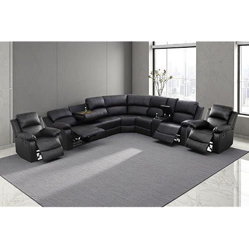 A Ainehome Leather Sectional Couch Recliner Sofa Set with Storage, Black Leather Sofa Sets Manual Reclining Sectional Couches for Living Room with 4 Recliner Seats(Living Room Set, Black)
