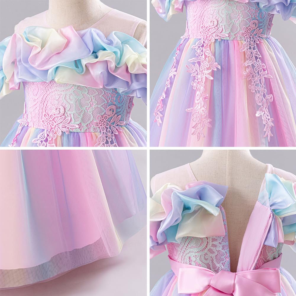 Maxi abito da bambina in pizzo con ricamo a spalla fredda in tulle, tutù, abiti da principessa, ragazza, comunione, treno, compleanno, matrimonio, festa, damigella d'onore