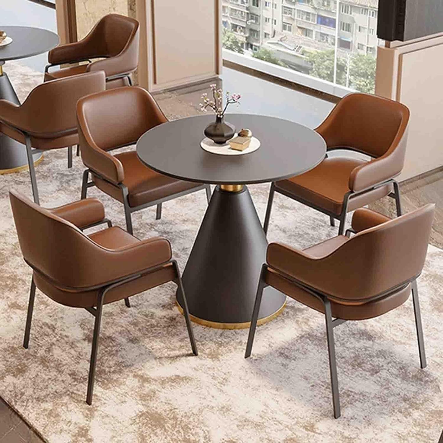 Office Reception Room Club Table and Chair Set, Negotiation Table and Chair Set, Leisure Table and Chair Set, Round Furniture Table and Chair Set, Save Space(Brown,80cm/31.4in)