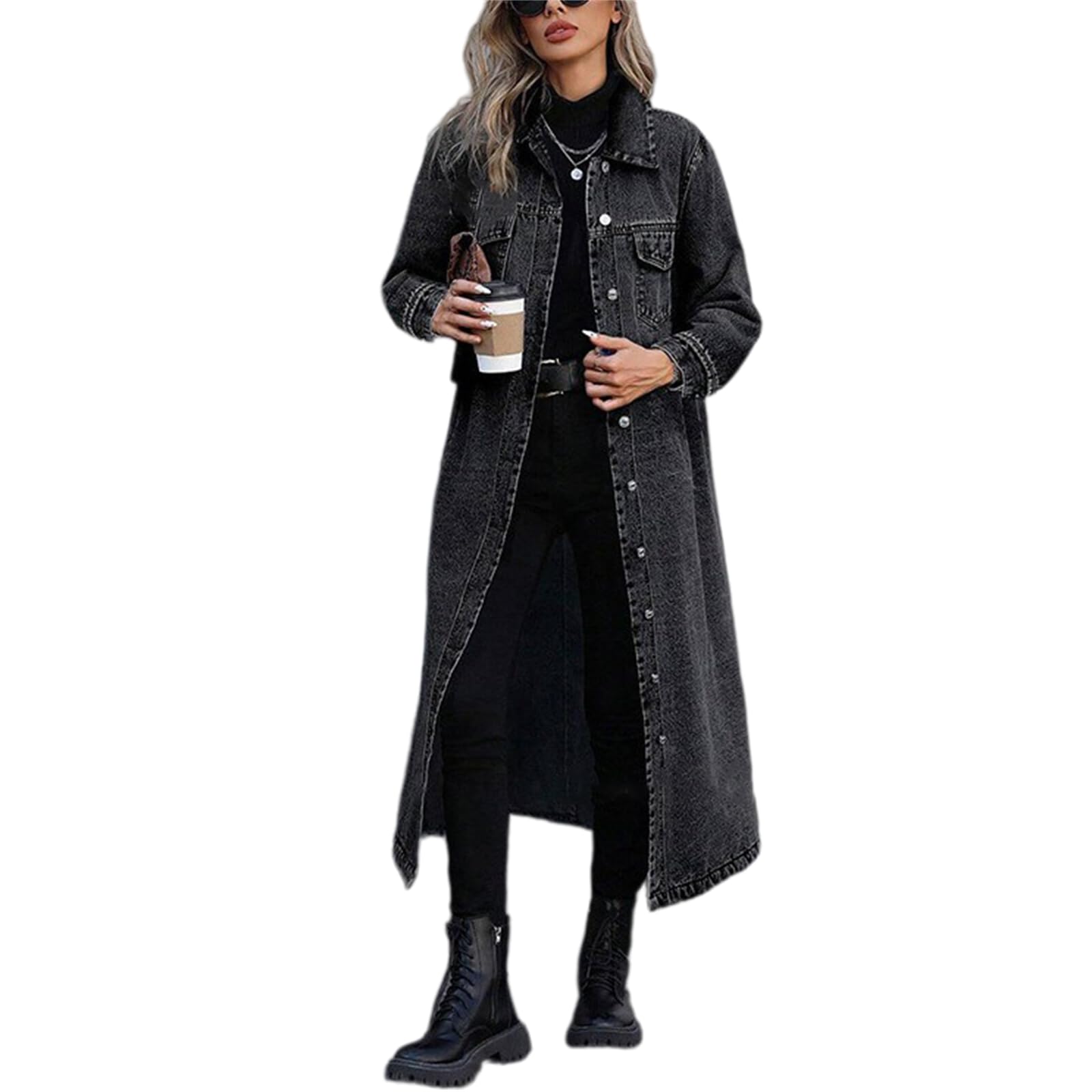 Trench Dżinsowy Długi Damski Klapa Guziki Kurtka Denim Luźna Oversize, Kolor: czarny, 5XL | Wiatroodporny dżins z praktycznymi kieszeniami bocznymi. Łatwe dopasowanie do innych ubrań. Com, idealny do pracy