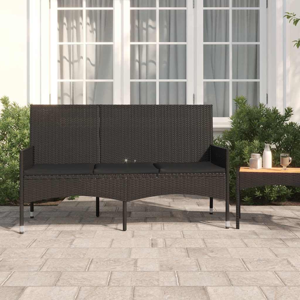 Banc de jardin 3 places en résine tressée noire avec dossier et accoudoirs pour extérieur
