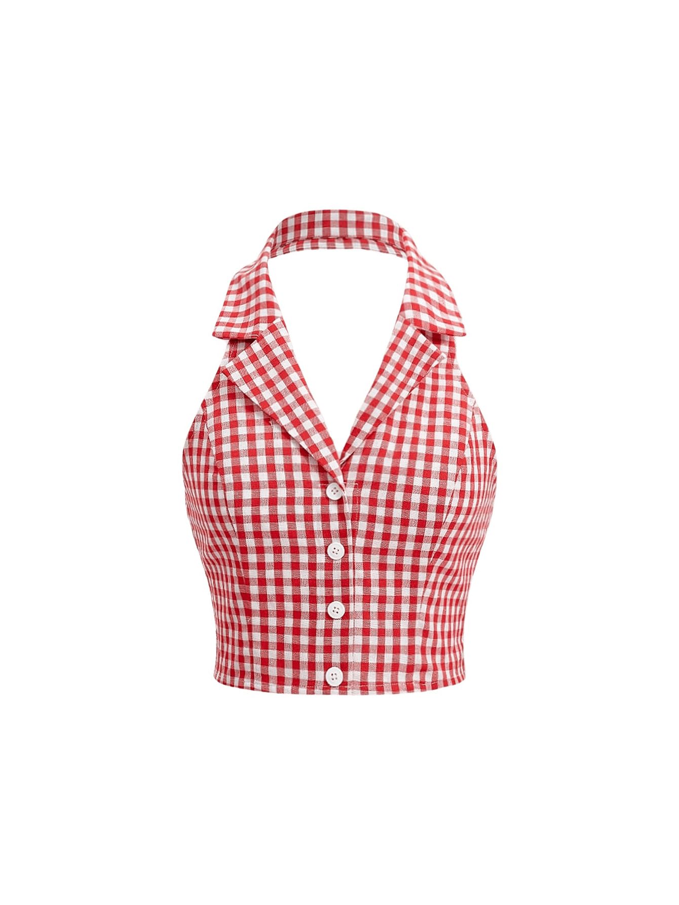 BEAUDRM Women's Plaid Print Crop Top Button Front Halter Top Backless Cropped Halter Tank Top Slim Fit Cami Top Camisole