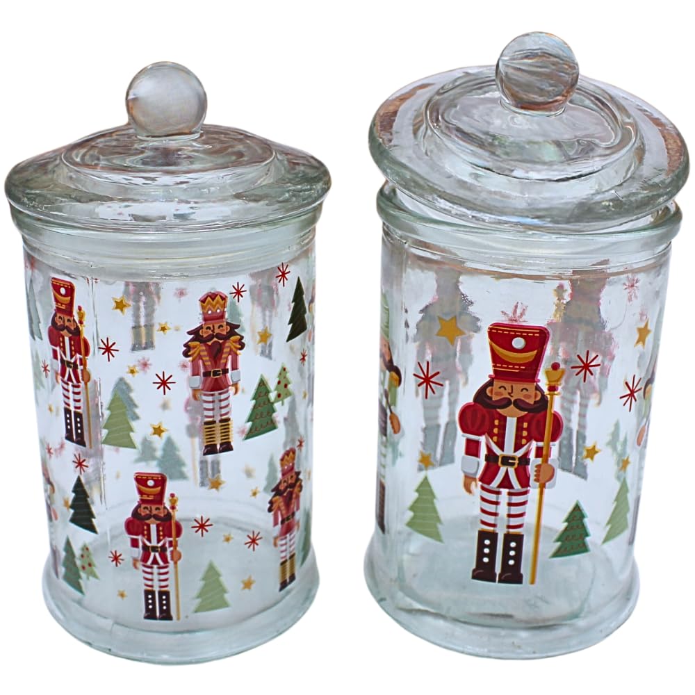 Dekohelden24 Boîte aromatique, boîte de conservation, récipient en verre avec motif de Noël, boîte à biscuits avec motif casse-noisette, H x Ø : 19 x 10 cm, capacité 600 ml par verre, contenu de la