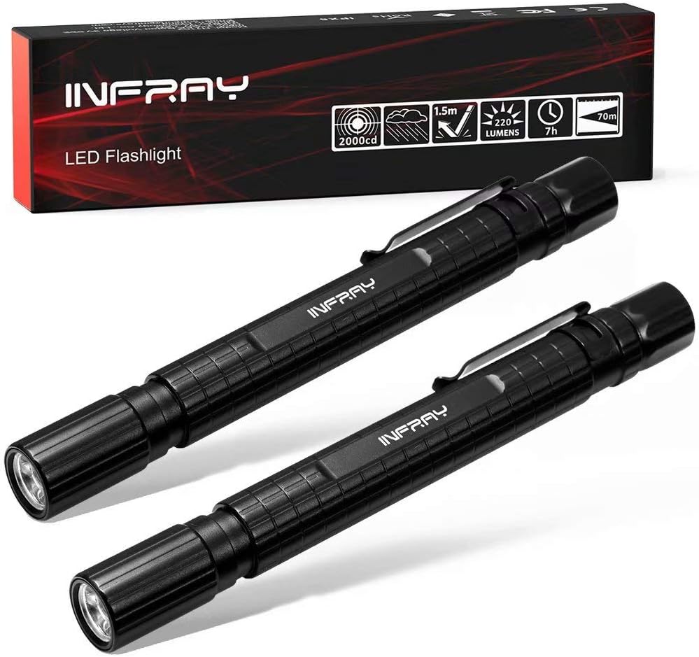 INFRAY LED Pen Light Flashlight (2PACK), Zoomable, Small EDC 220 Lumens Penlight for Inspection, Repair, Camping. IPX5 Water-Resistant, 3 Modes (High, Low, Strobe)