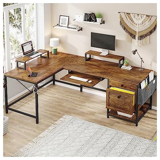 SEDETA 69" L Shaped Desk, Reversible L Shape Computer Desk or 2 Person Long Desk, Corner Desk with Letter File Drawers, Keyboard Tray & Monitor Stand for Home Office, Rustic Brown