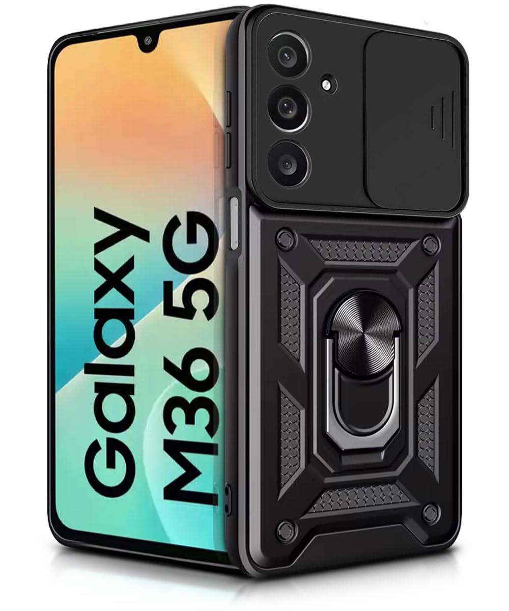 WOW IMAGINE Tough Armor Bumper Mobile Back Case for Samsung Galaxy M36 5G | Galaxy F36 5G Sliding Camera Cover | Shock Proof 360° Protection | Hybrid PC + TPU | Ring Holder with Kickstand – Black WOW IMAGINE Tough Armor Bumper Mobile Back Case for Samsung Galaxy M36 5G | Galaxy F36 5G Sliding Camera Cover | Shock Proof 360° Protection | Hybrid PC + TPU | Ring Holder with Kickstand – Black