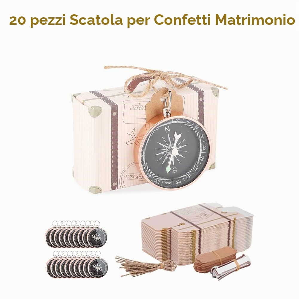 Confezione Regalo Bussola da 20 Pezzi, Scatole a Forma di Valigia con Etichette Kraft Souvenirs Decorativi per Festa Nuziale da Viaggio(Oro rosa)
