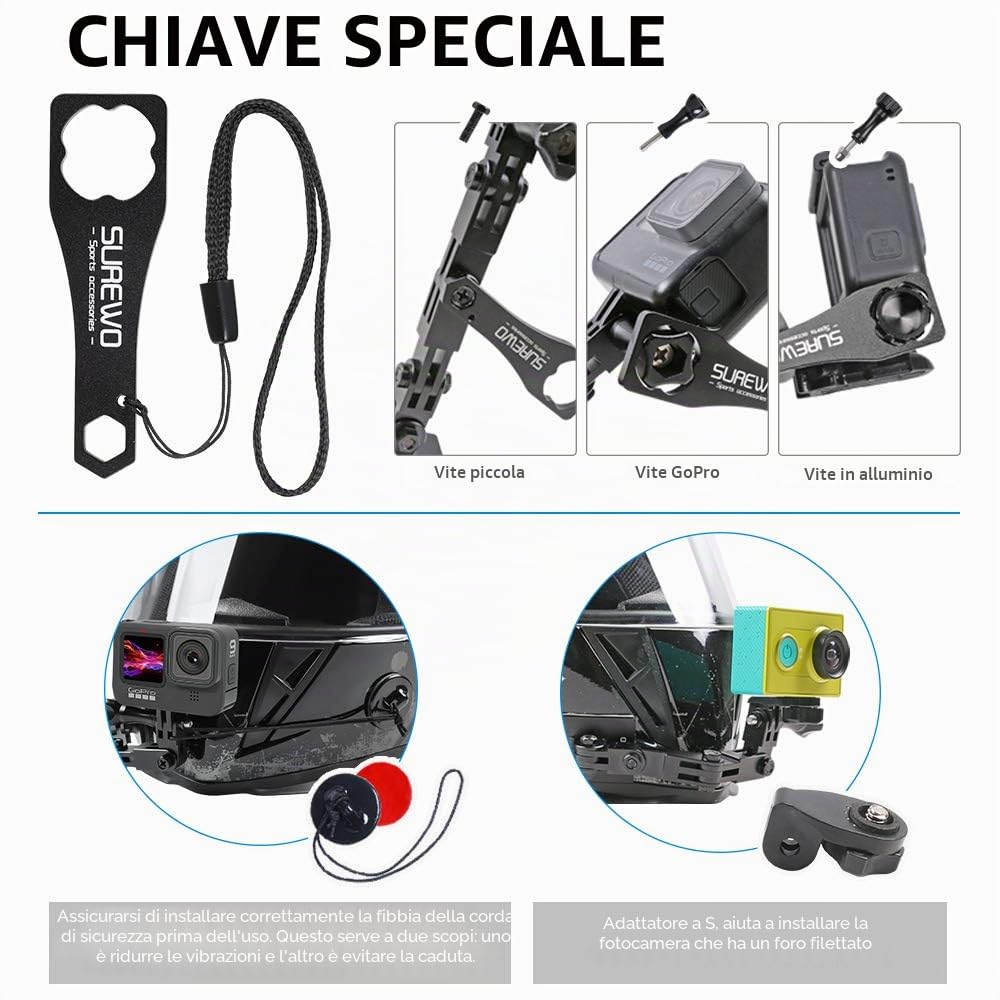 Supporto per mento per casco da moto in alluminio compatibile con GoPro Hero 13/12/11/10/9/8/7/(2018)/6/5 Black, DJI Osmo Action 5 Pro/4/3/2, Insta 360 ONE R/AKASO/Crosstour e altro
