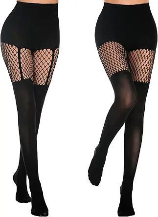 MANZI Womens Faux Thigh High Fishnet Stockings Stitching Opaque Pantyhose Mock Over the Knee Goth Striped Suspender Tights