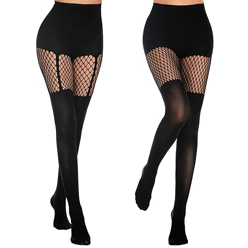 MANZI Womens Faux Thigh High Fishnet Stockings Stitching Opaque Pantyhose Mock Over the Knee Goth Striped Suspender Tights - One Size - 1 Grid+1 Suspender