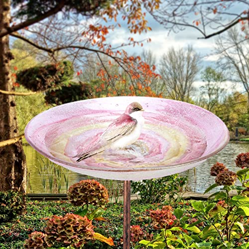 Vcuteka Glass Bird Baths For Outdoors, 26" Height Bird Bath Bowl Birdbaths For The Garden With Metal Stake (Pink) #TOP3
