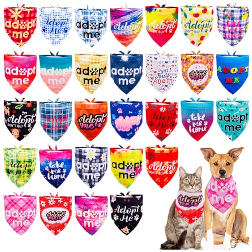 JpGdn 30Pcs/Pack Adopt Me Dog Bandanas Bulk with Paw Print Tie Dye Plaid Floral Pink Puple Blue for Small Medium Girl Boy Foster Animals to Look for Homes or Adoption