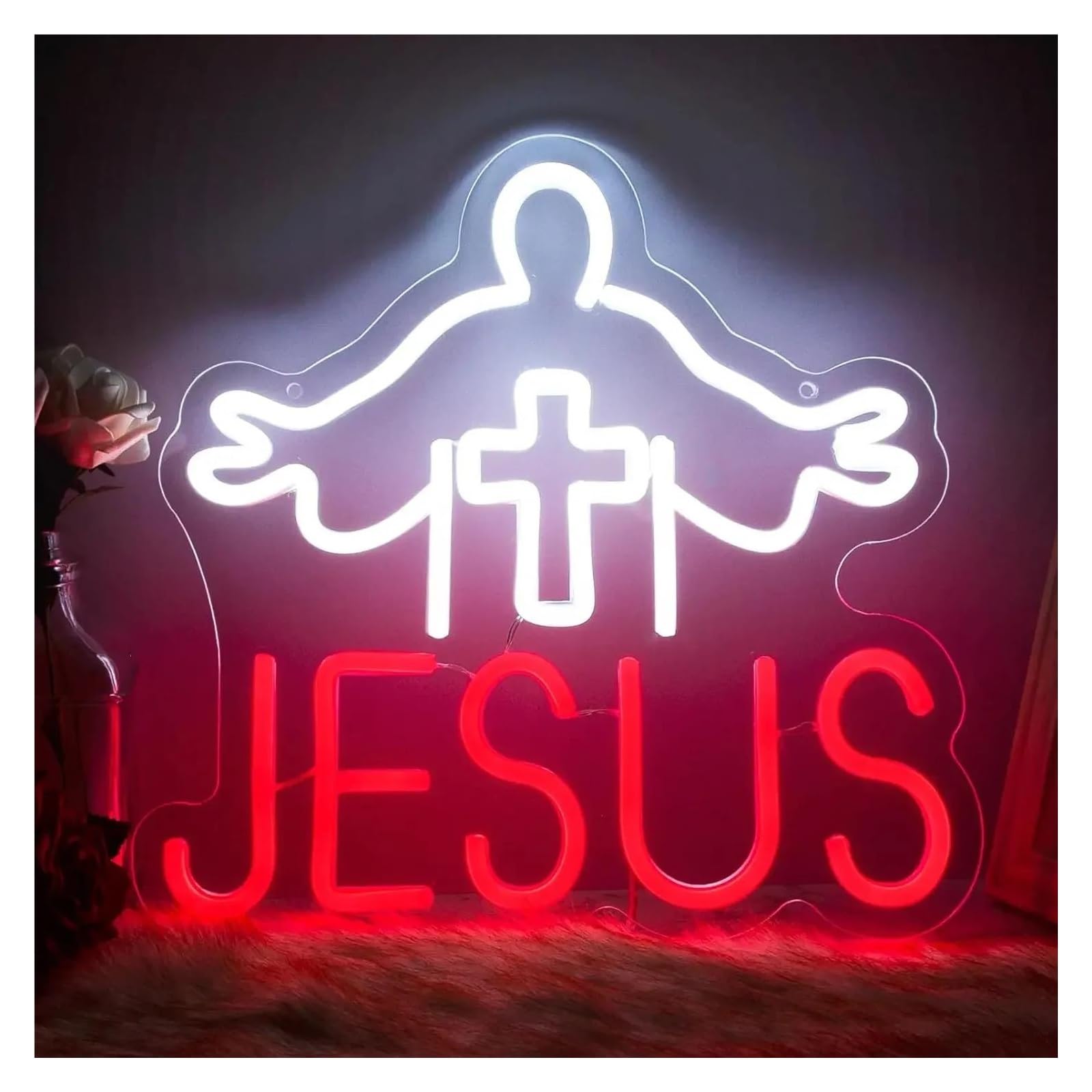 LEMST Signs Lamp Cross Jesus Neon Sign for Wall Decor Neon Lights for Home Bedroom Decor USB Powered Lights for Room Decor 32x34.29cm