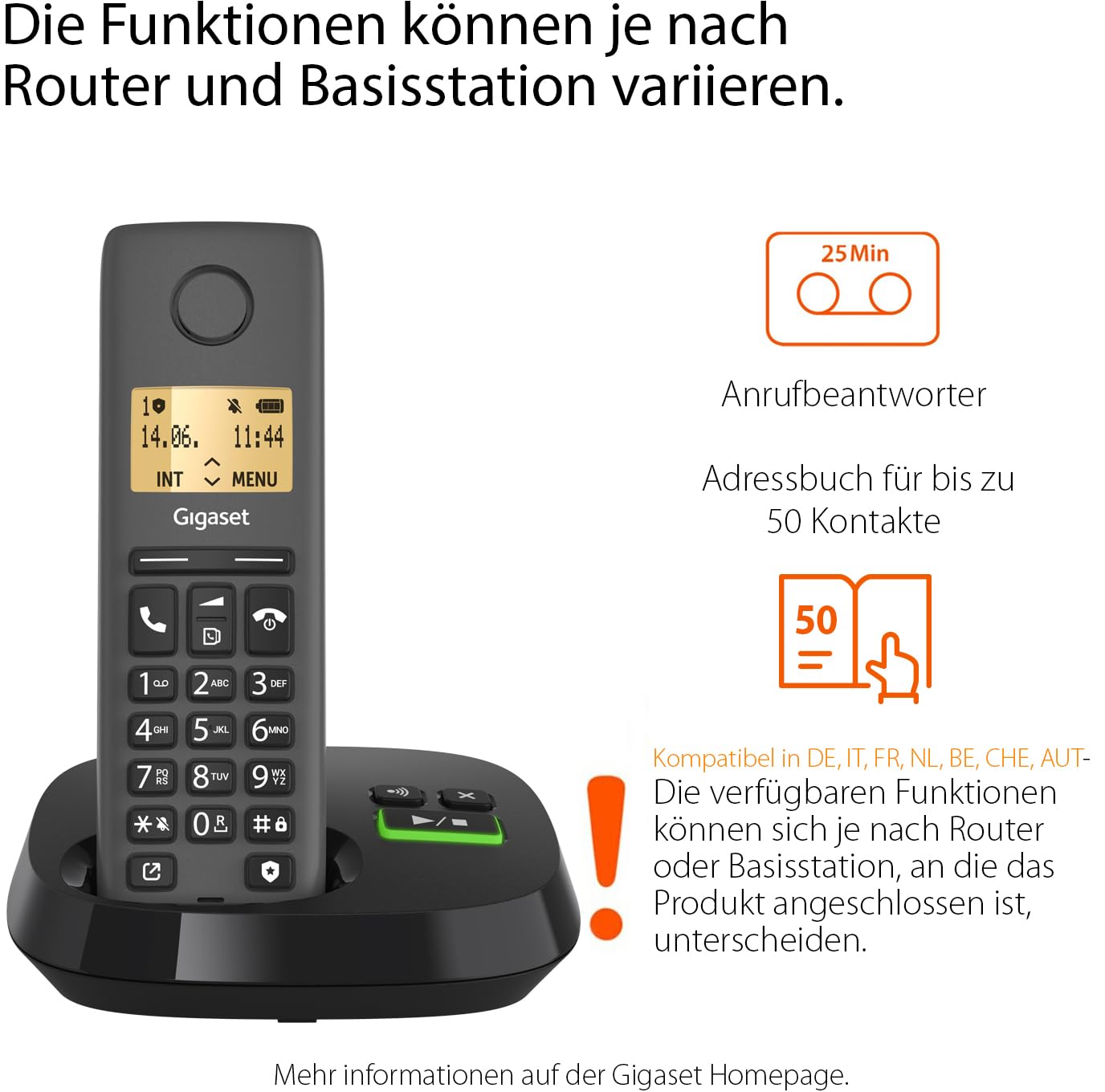 Gigaset Pure 120A - telefon bezprzewodowy - telefon DECT z automatyczną sekretarką - podświetlany ekran - kompatybilny z aparatami słuchowymi, ochrona przed niepożądanymi połączeniami, czarny antracyt