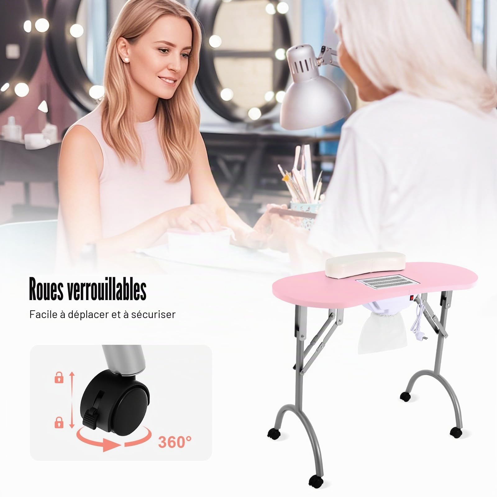 Table de manucure pliable portable avec roues universelles pour la maison, le salon de manucure, le salon de beauté, le bureau, rose avec ventouse et accessoires de nettoyage des ongles