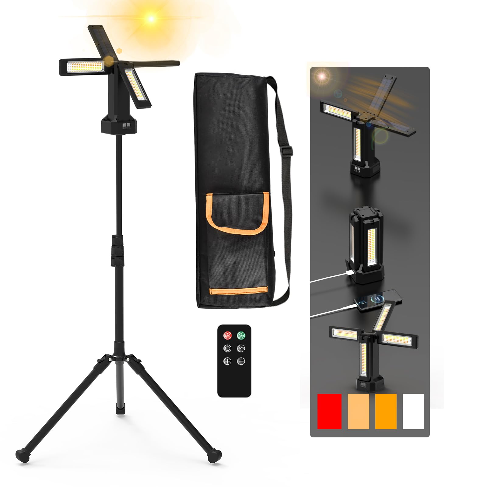 Projecteur LED Chantier Solaire Rechargeable 13200 mAh avec Trépied et Sac de Transport, Lampe de Chantier à Intensité Variable en Continu 8000 Lumens, Blanc/Chaud/Naturel (SOS) (avec télécommande)