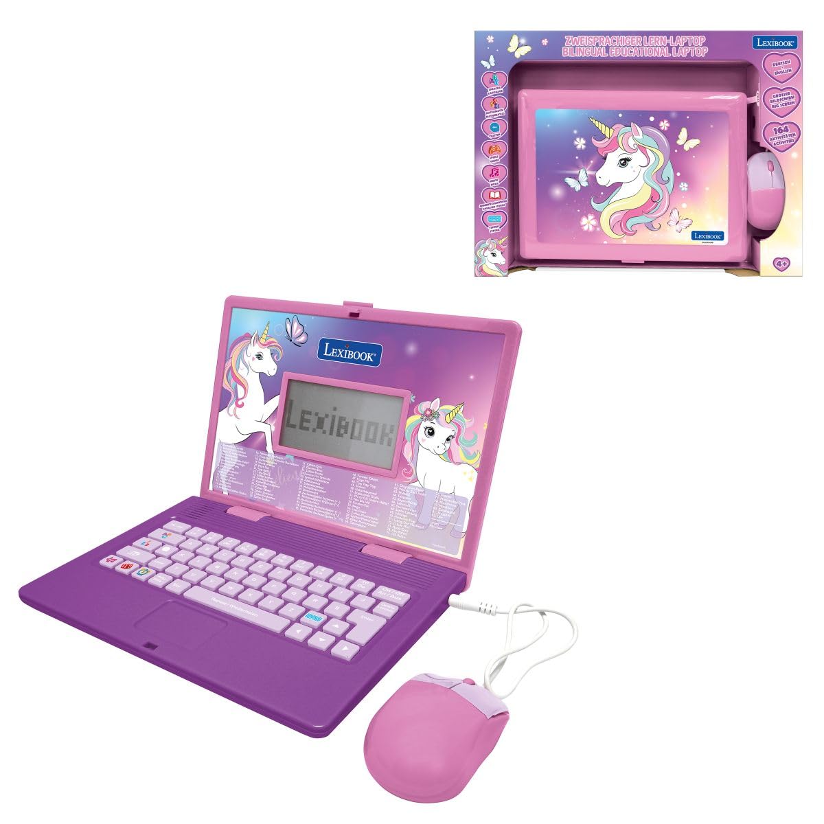 Lexibook, Unicorn Bilingual Educational Laptop with 164 Activities, English/German Learning, Realistic Keyboard and Mouse, Slim Design, Large Screen, Pink/Purple, JC601UNIi3LXB