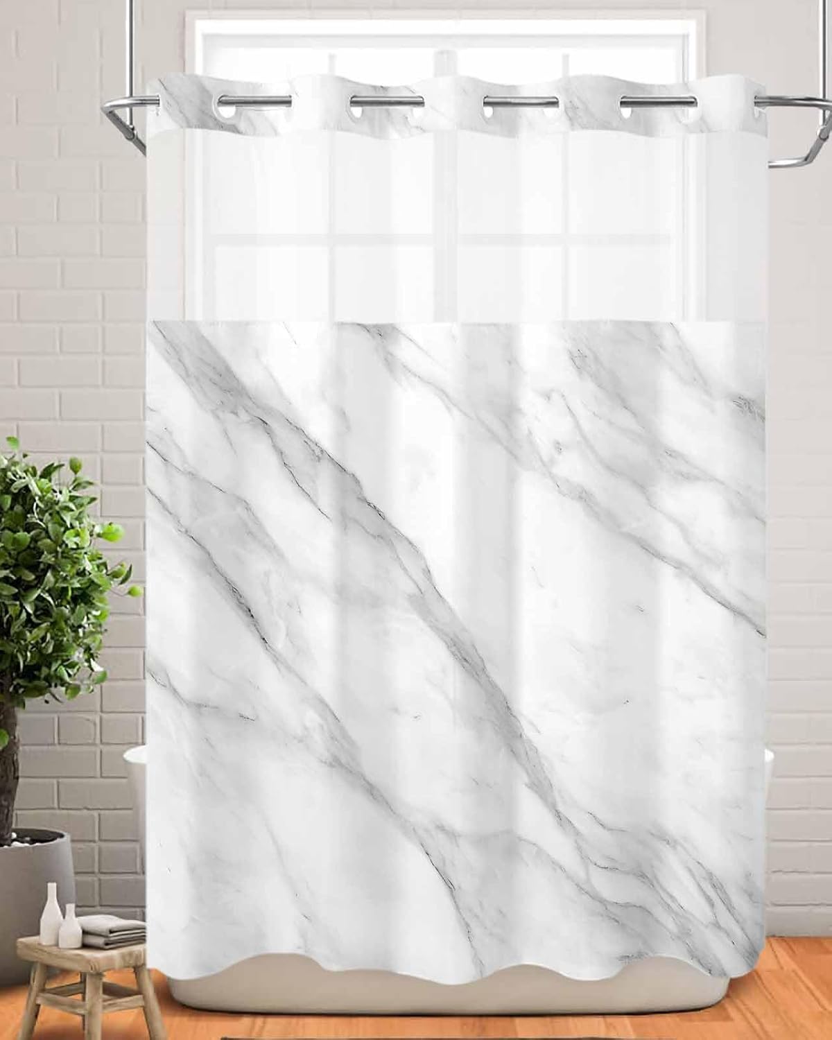 Marble No Hook Shower Curtain with Snap in Liner Set, Modern Grey White Rock Monochrome Simple Waterproof & Washable Fabric, See Through Mesh Top Window Bath Curtain for Bathroom Bathtub Hotel 48"x72"