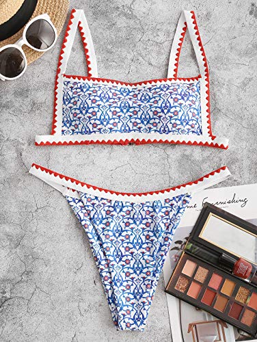 ZAFUL Bohemian Push Up Swimsuits Tie Whip Stitch Print Two Piece Set Bikini Light Blue - Image 3