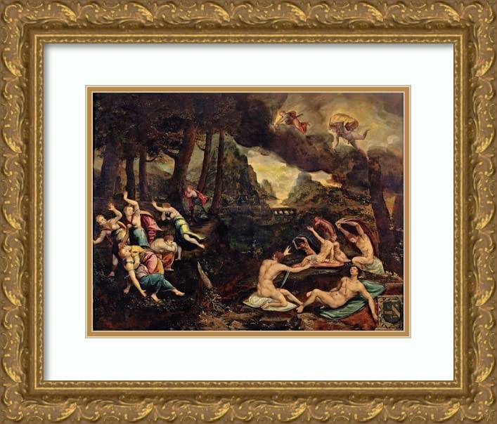 J. Charbonnier 18x15 Gold Ornate Frame and Double Matted Museum Art Print Titled - Apollo and Artemis Killing The Children of Niobe (1551)