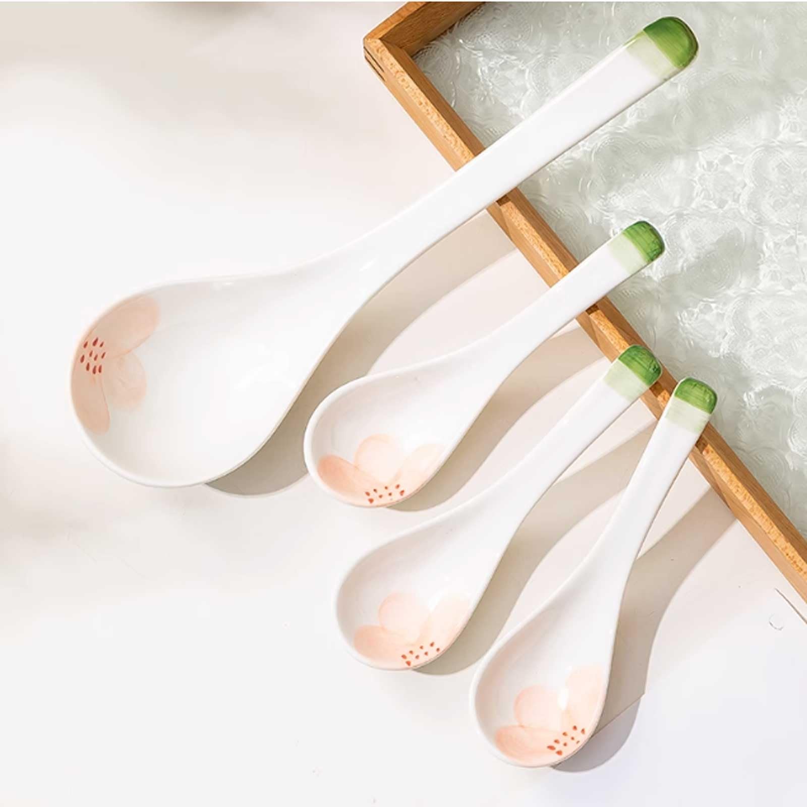 Cuillère à Soupe (Lot de 2) en céramique, cuillère ménagère Long Manche, Blanche Motifs colorés, Petite délicate, Table, Glace(L)