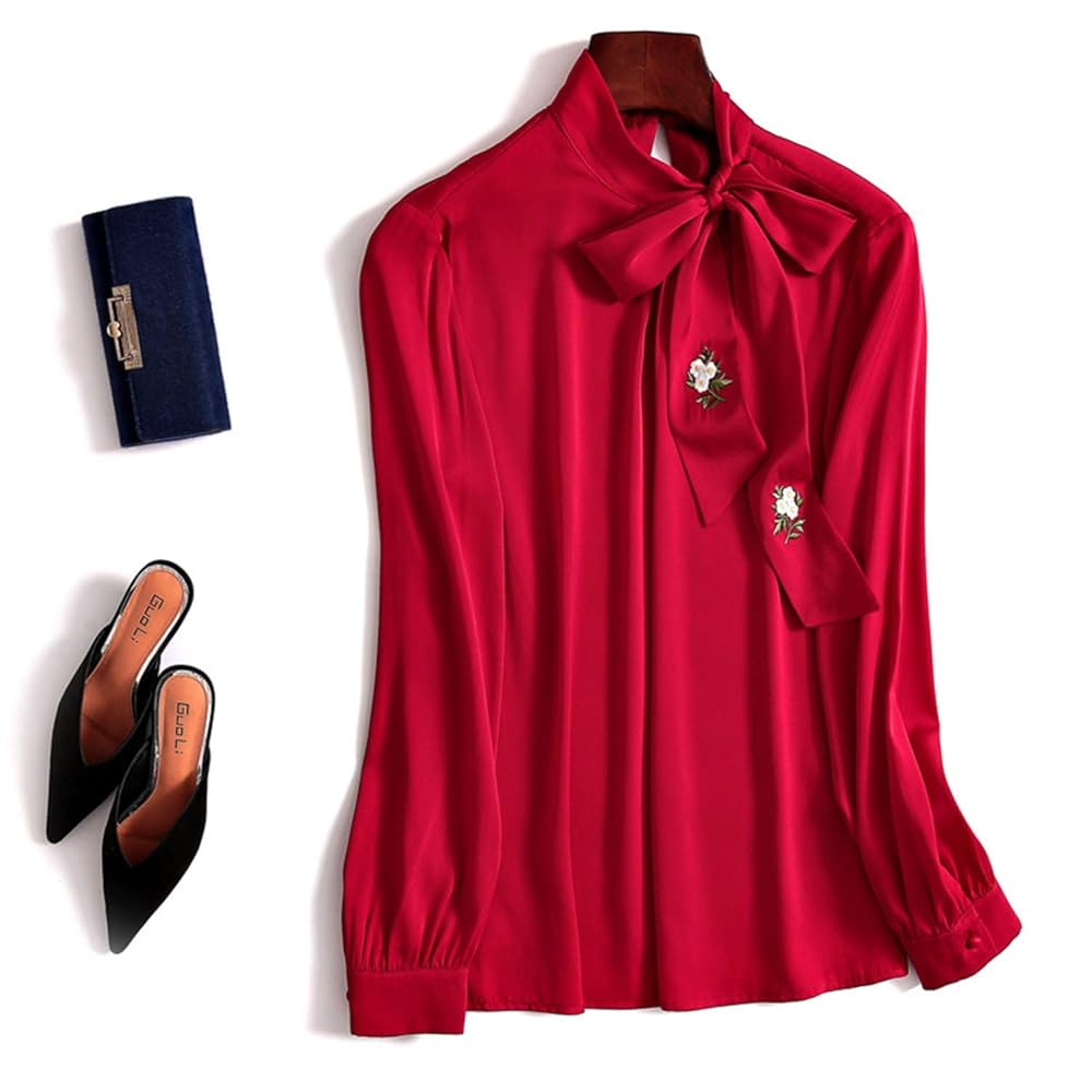 XCXDX Camicia Rossa A Maniche Lunghe in Seta, Top con Fiocco
