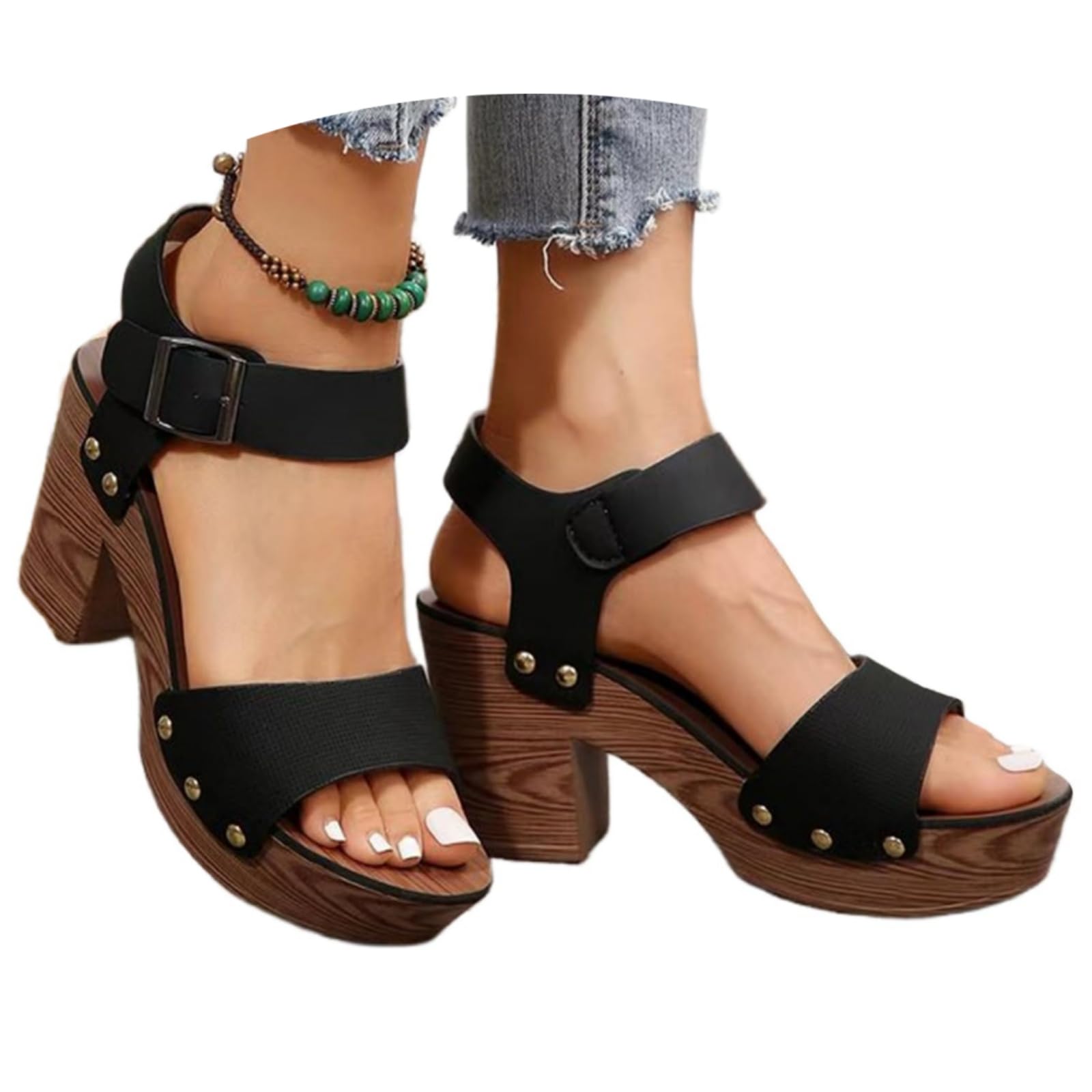 Womens Peep Toe Heels Chunky Heel Sandals Ankle Strap Buckle Open Toe Dress Wood Heels Summer High Heeled Platform Sandal