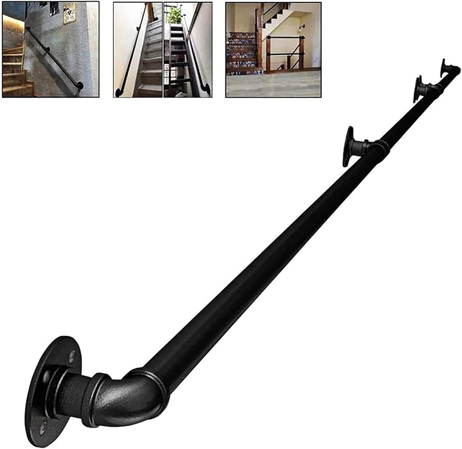 Industrial Staircase Handrail/Pipe Handrail Non-Slip Pipe Bar Foot Rail Wall Mount, Home Indoor Loft Against The Wall Old Non-Slip Kindergarten Handle, Black (Size : 1ft)