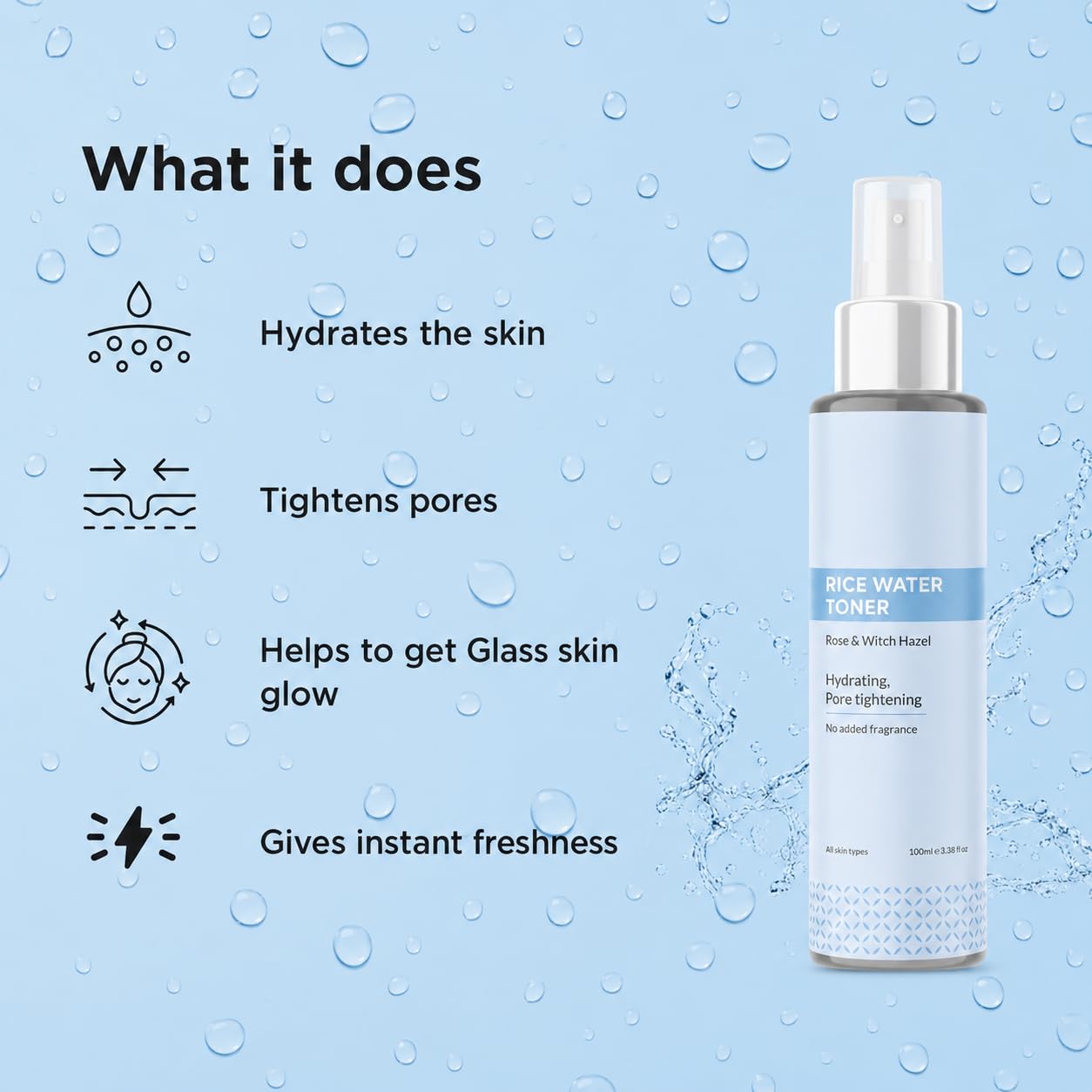 Rice Water Facial Toner Mist with Witch Hazel, Hydrating, 3.38 fl oz