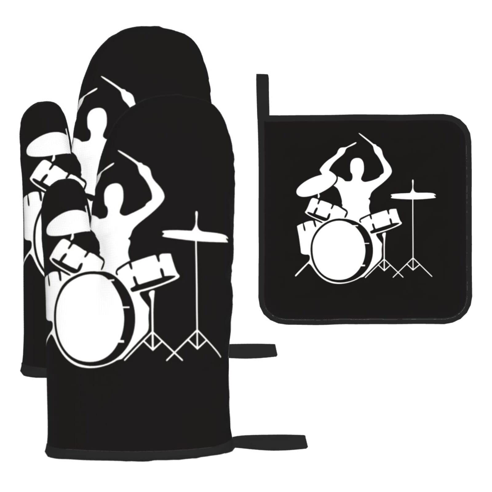 Drummer Oven Mitts and Pot Holder Kitchen Set for Grilling, Cooking, Baking, Heat Resistant