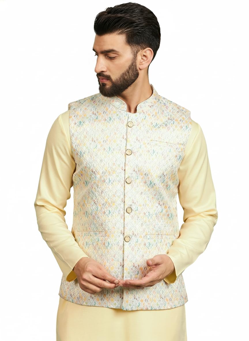 amazon brand - tavasya Men cream Printed Jacquard Nehru Jacket (HOPMJ071_XXL)-picture-19