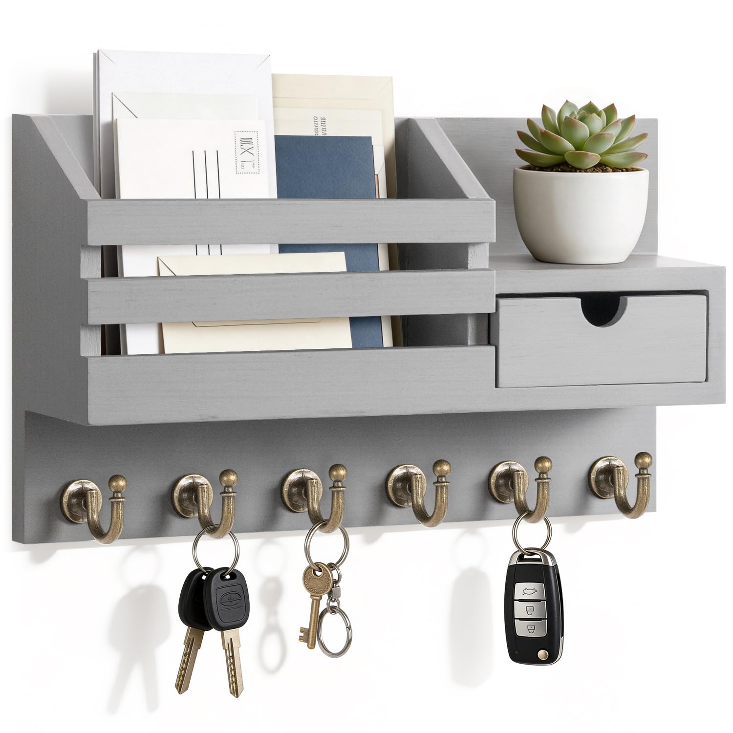 FifthQuarter Key Holder for Wall with Drawer and 6 Sturdy Hooks, A-Grey | Cute Rustic Farmhouse Wooden Key Rack, Reliable Entryway Doorway Organizer for Keys and Daily Essential, Easy Installation