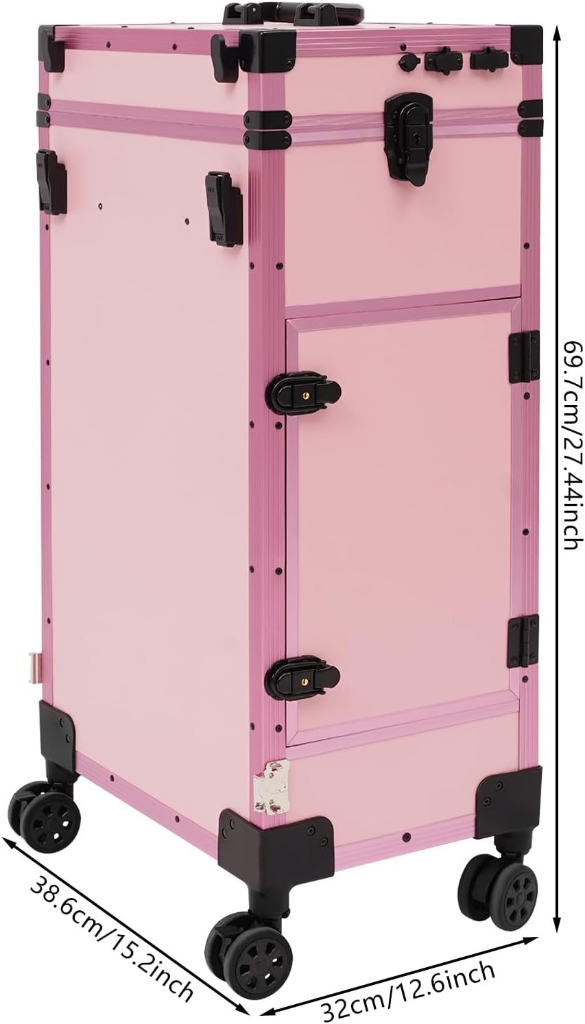 Professional Rolling Makeup Case Foldable Nail Table with 3 Drawers & Adjustable Lighted Mirror, Portable Travel Cosmetic Organizer Manicure Desk, Nail Artist Salon Storage Traveling Cart Trunk (Pink)