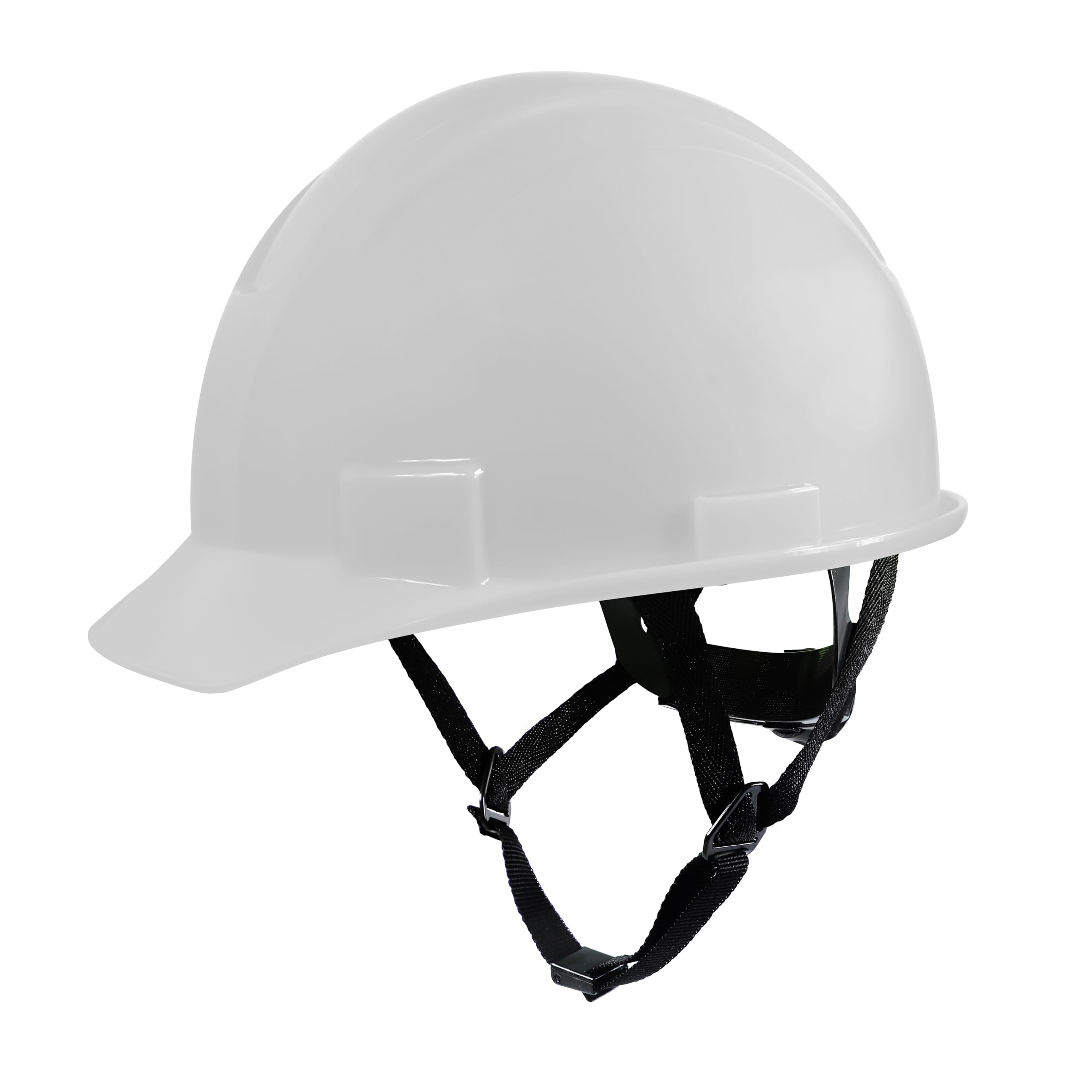 GE Casco duro, estilo de gorra sin ventilación, clase G y E, blanco, banda acolchada que absorbe el sudor, sistema de trinquete de 4 puntos, ranuras para orejeras, alta resistencia a los impactos,