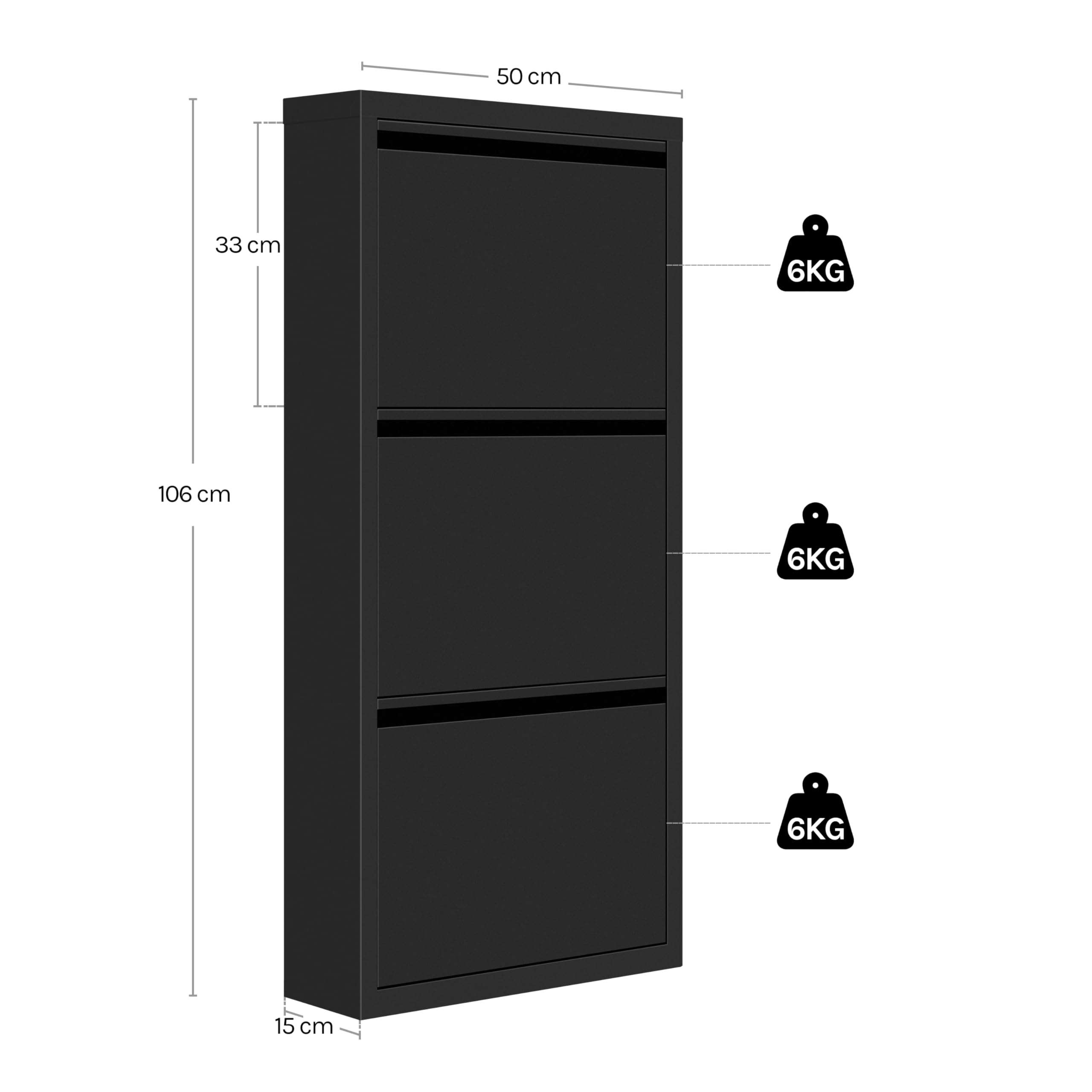 WOLTU Schuhschrank, mit 3 Klappen, Schuhregal, Schuhkipper, für 6-9 Paar Schuhe, aus Metall, für Flur Wohnzimmer, 50x106x15 cm, Schwarz