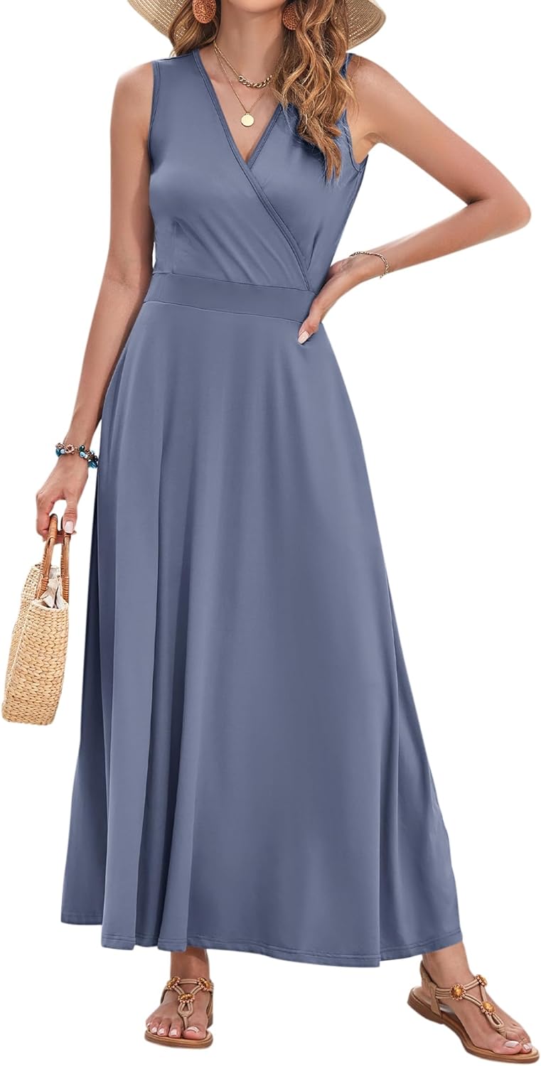AUSELILY Women's Maxi Dress 2026 Summer Casual Sleeveless Sundress V Neck Wrap Vacation Cocktail Long Dresses with Pockets - Image 4
