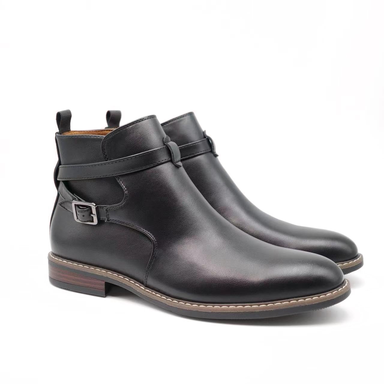 Finishing & Sewing Botines Chelsea para hombre de piel marrón con correa de hebilla