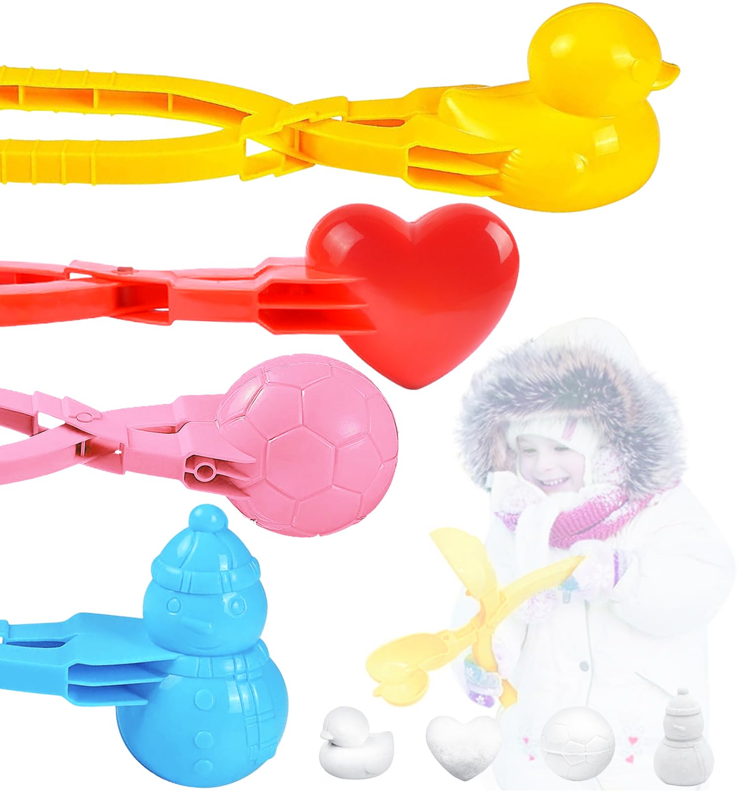 4 Pcs Set Snowball Clip, Snowball Maker, Snowball Fights Maker with Ball/Heart/Duck/Snowman Shapes, Snow Toy Kit for Winter Outdoor Fun
