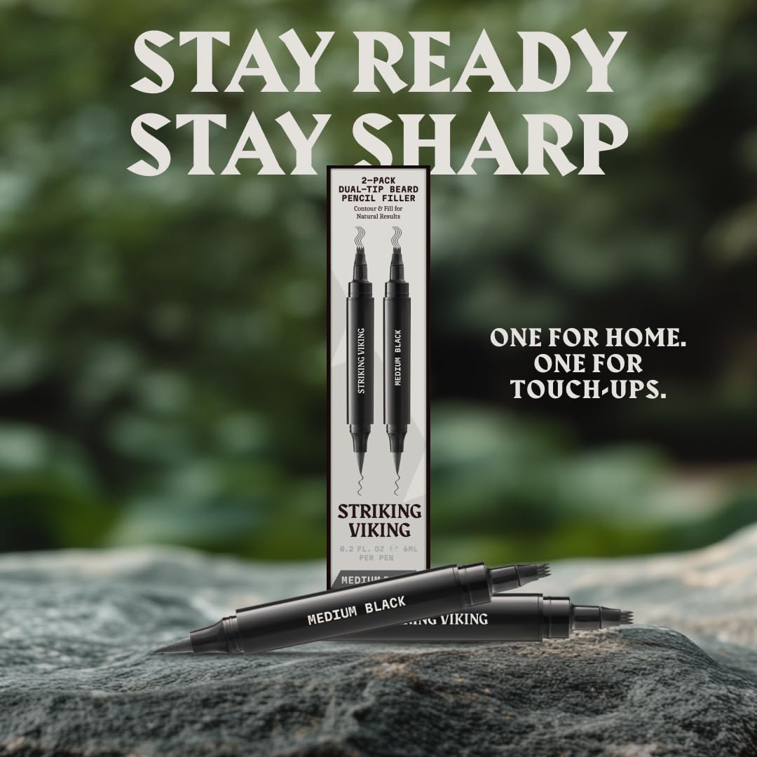 Striking Viking Beard Pencil Filler, nero medio – Set di matite da barba impermeabile, realistica e durevole con 2 penne e pennelli, migliora i peli del viso