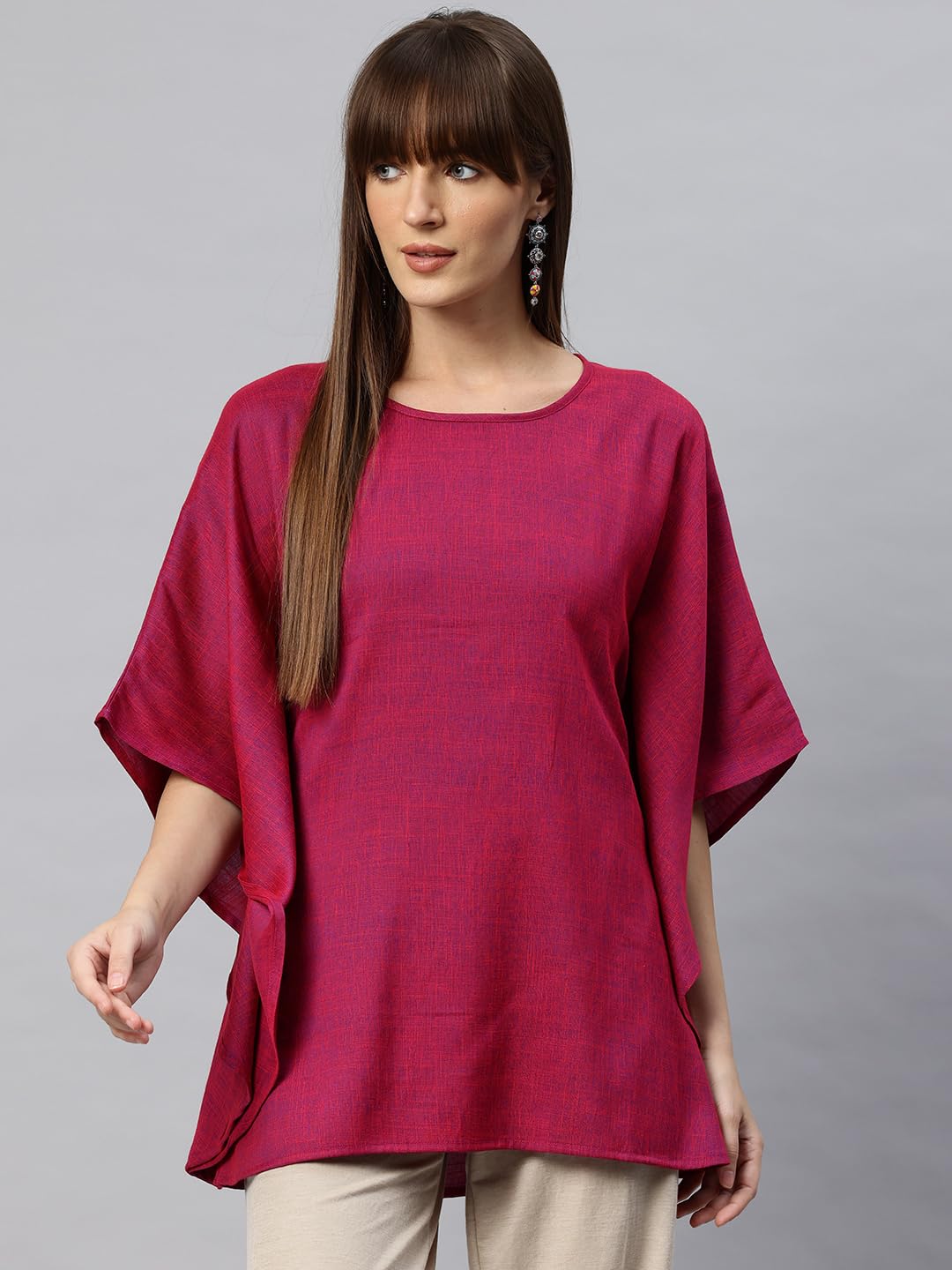 Cottinfab Pink Solid Kaftan Top with Kimono Sleeves 4