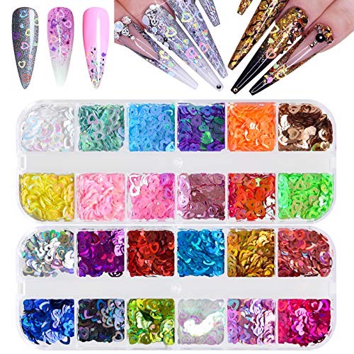 Kalolary 24 Boxes Hollow Heart Nail Art Sequins, 3D Colorful Heart Nail Glitter Sequins Acrylic Paillettes, Holographic Nail Sparkle Glitter for Valentine's Day Nail Art Decoration Makeup