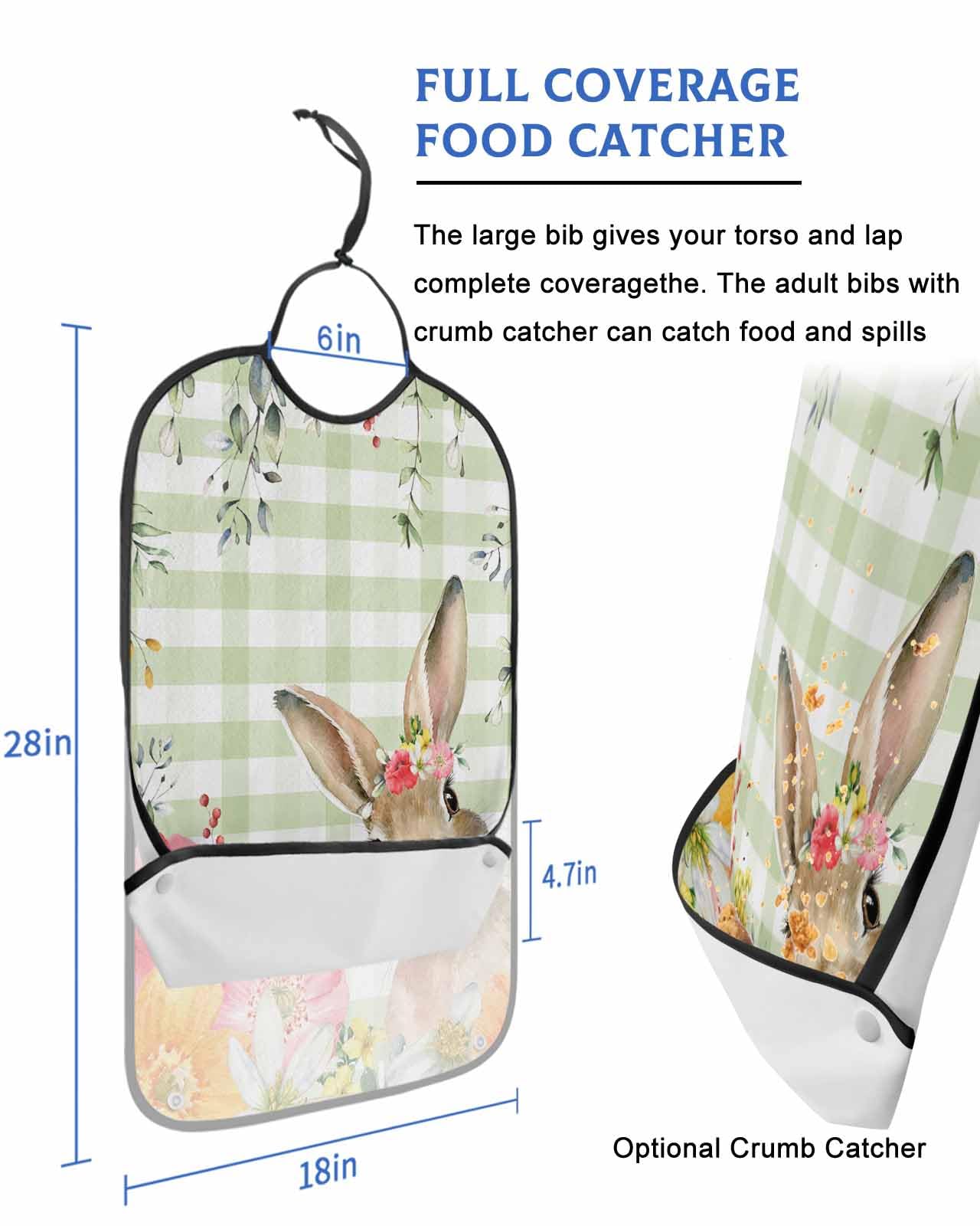 Easter Green Plaid Adult Bib for Adults Men, Women, Washable & Adjustable Terry Cloth Bib with Crumb Catcher Reusable Waterproof Clothing Clothes Protector Apron Eggs Bunny Tulips Eucalyptus Leaves