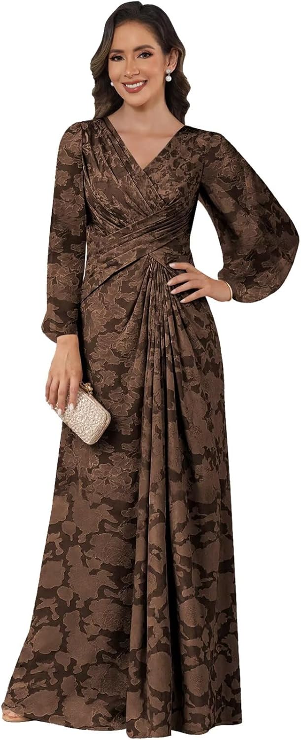 Lace Mother of The Bride Dresses for Women Long Sleeve Modest V-Neck Ruched Formal Wedding Guest Dress